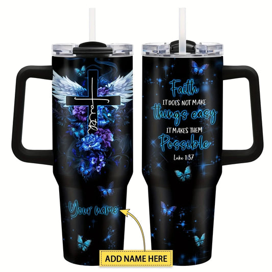 Personalized 40oz stainless steel travel coffee mug with handle by MANDOTOS INTERNATIONAL, featuring a sleek design and secure lid.
