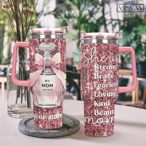 Personalized 40oz stainless steel travel coffee mug with handle by MANDOTOS INTERNATIONAL, featuring a sleek design and secure lid