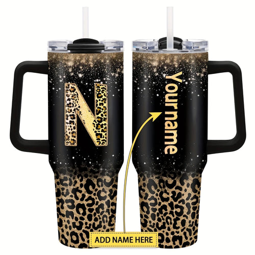 Personalized 40oz steel vacuum tumbler with handle by MANDOTOS INTERNATIONAL, showing a sleek stainless steel design with personalized engraving.