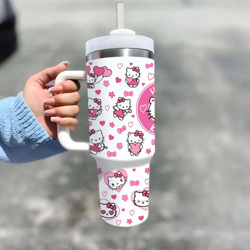 Personalized 40oz steel vacuum tumbler with handle by MANDOTOS INTERNATIONAL, showing a sleek, durable drink container with a handle.