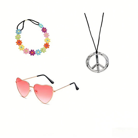 Pesenar 60s hippie costume accessory set includes flower headband, pink heart sunglasses, and peace sign necklace.