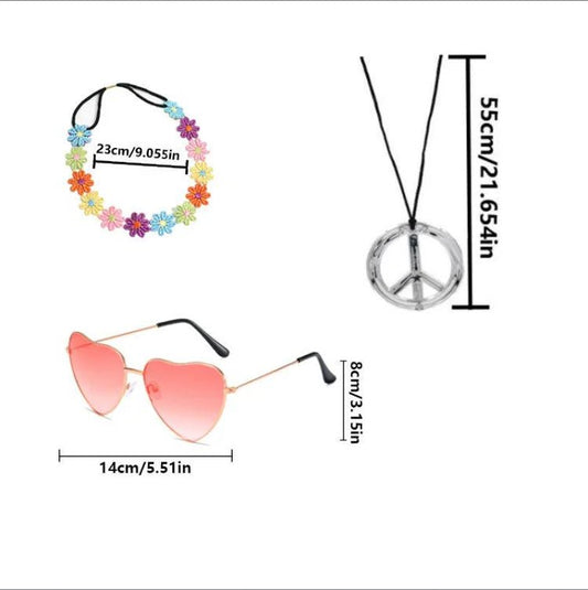 Pesenar 60s hippie costume accessory set with flower headband, pink heart sunglasses, and peace sign necklace.