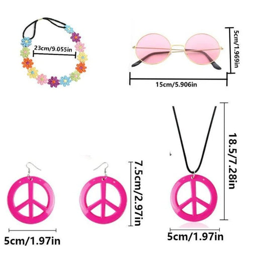 Mandotos International PESENAR 60s Hippie costume accessory set with flower headband, pink sunglasses, and peace sign jewelry.