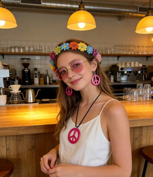 Mandotos International PESENAR 60s Hippie costume accessory set with flower headband, pink sunglasses, and peace sign jewelry.