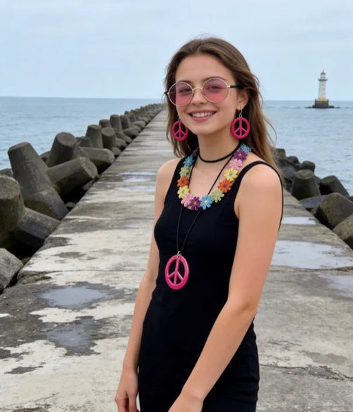 PESENAR 60s hippie costume accessory set with flower headband, pink sunglasses, and peace sign jewelry by MANDOTOS INTERNATIONAL