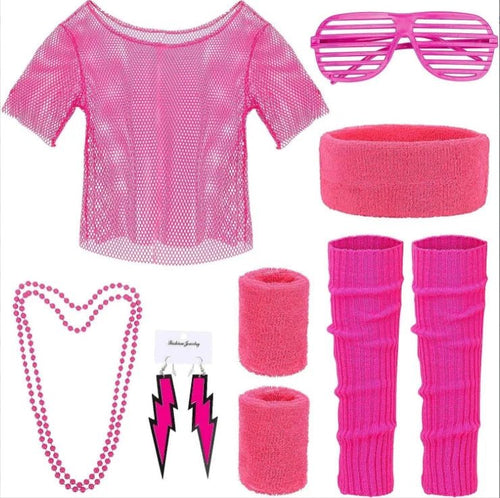 Mandotos International PESENAR 80s neon pink mesh costume accessory set with leg warmers, sunglasses, and earrings on display.