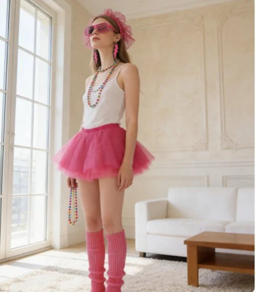 PESENAR 80s neon pink tutu costume accessory set with headband, leg warmers, and sunglasses, perfect for retro party costumes.