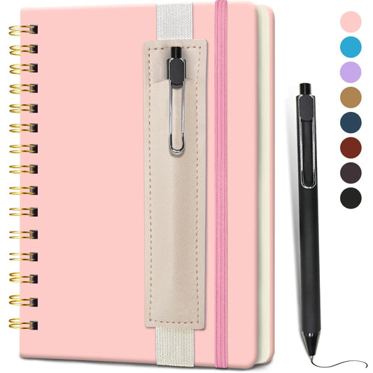Pink girls' A5 travel leather spiral notebook with pen holder and pen, ideal for writing and note-taking by MANDOTOS INTERNATIONAL.