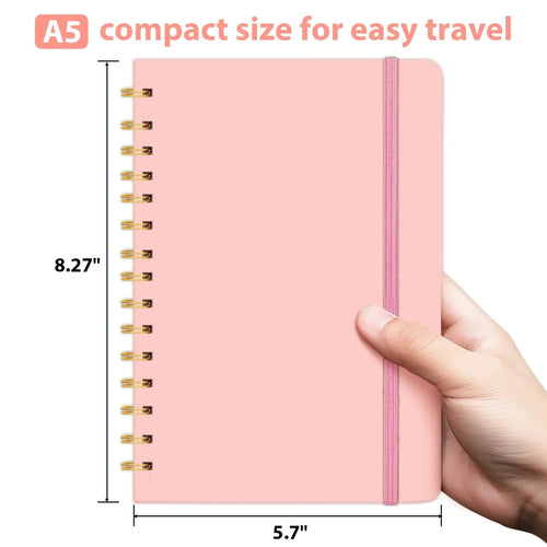 Pink girls' A5 travel leather spiral notebook with pen holder and pen for writing, by MANDOTOS INTERNATIONAL