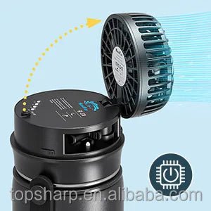 Portable 2-in-1 water bottle fan with three speed settings, ideal for outdoor travel, by MANDOTOS INTERNATIONAL.