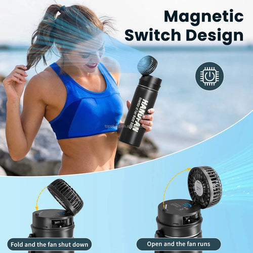Mandotos International portable 2-in-1 water bottle fan with 3 speeds, ideal for outdoor travel and staying cool on the go