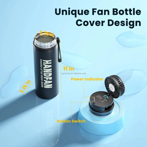 Portable 2-in-1 water bottle fan with three speed settings from MANDOTOS INTERNATIONAL, ideal for outdoor travel.