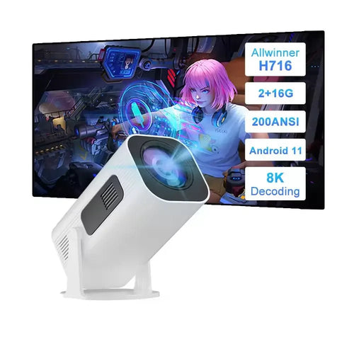 Portable Android 11 HD WiFi Smart Projector by MANDOTOS INTERNATIONAL, compact device with projection lens and control buttons.