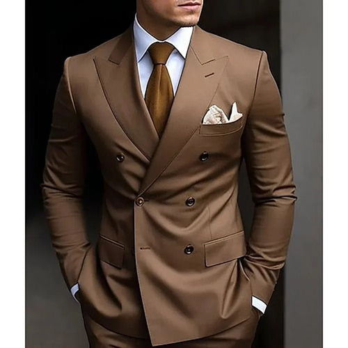 Premium brown men's bespoke double-breasted slim fit formal suit set by MANDOTOS INTERNATIONAL, tailored with sharp lapels and tailored fit.