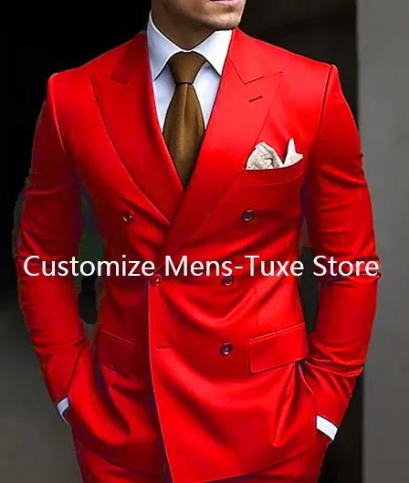 Premium brown men's bespoke double-breasted slim fit formal suit set by MANDOTOS INTERNATIONAL, tailored with sharp lapels and classic style.