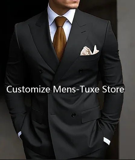 Premium brown men's bespoke double-breasted slim fit formal suit set by MANDOTOS INTERNATIONAL, tailored with sharp lapels and tailored fit.