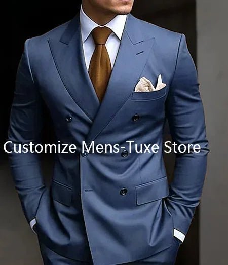 Premium brown men's bespoke double-breasted slim fit formal suit set by MANDOTOS INTERNATIONAL, shown on a mannequin.
