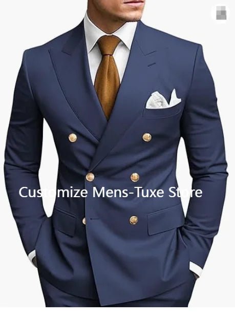 Premium brown men's bespoke double-breasted slim fit formal suit set by MANDOTOS INTERNATIONAL, displayed on a mannequin.