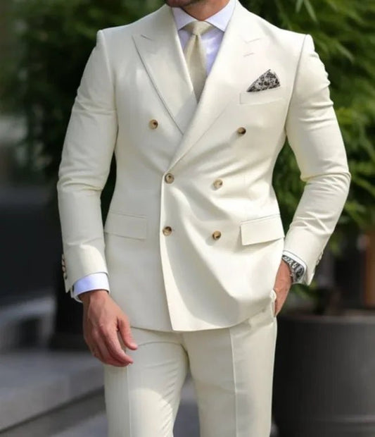 Premium brown men's bespoke double-breasted slim fit formal suit set by MANDOTOS INTERNATIONAL, shown on a mannequin.