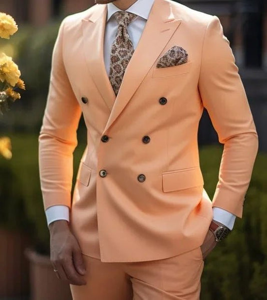 Premium brown men's bespoke double-breasted slim fit formal suit set by MANDOTOS INTERNATIONAL, tailored with sharp lapels and structured fit.