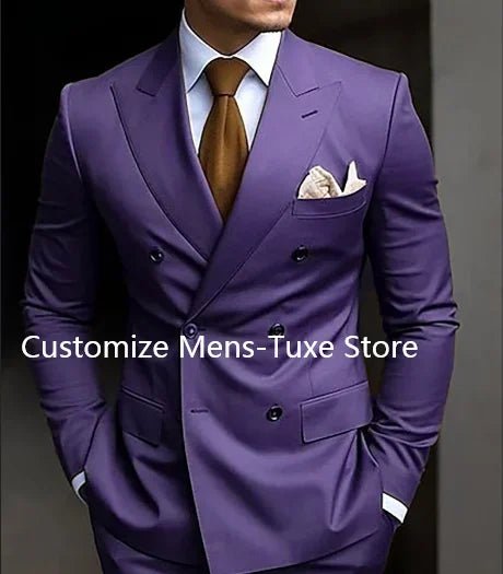 Premium brown men's bespoke double-breasted slim fit formal suit set by MANDOTOS INTERNATIONAL, shown on a mannequin.