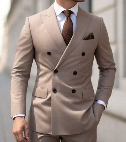 Premium brown men's bespoke double-breasted slim fit formal suit set by MANDOTOS INTERNATIONAL, displayed on a hanger.