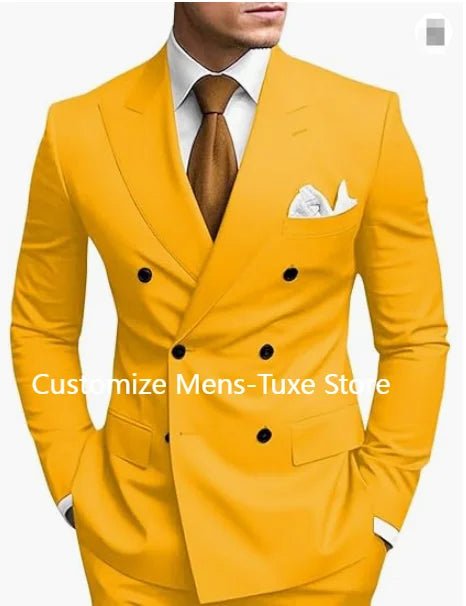 Premium brown men's bespoke double-breasted slim fit formal suit set by MANDOTOS INTERNATIONAL, shown on a mannequin.