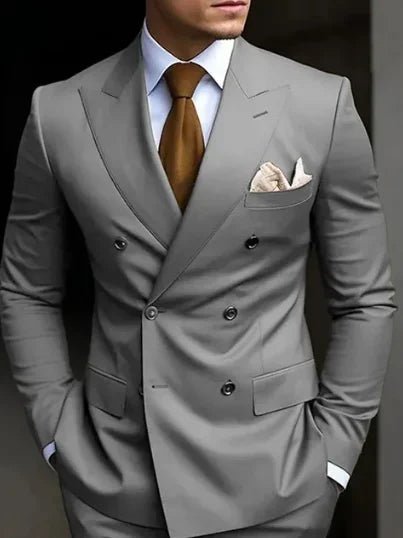 Premium brown men's bespoke double-breasted slim fit formal suit set from MANDOTOS INTERNATIONAL, tailored for a sharp, elegant look.