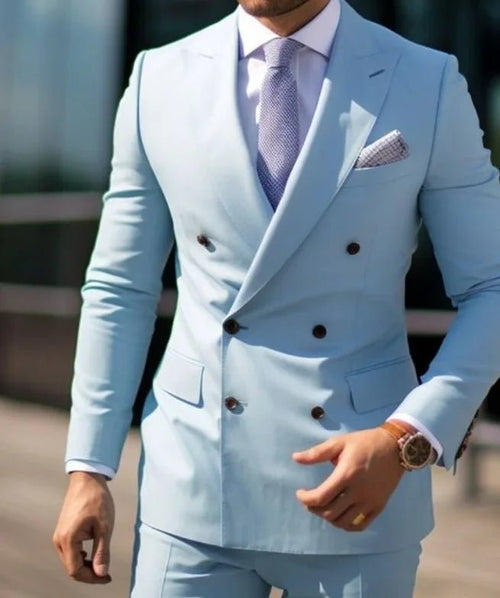 Premium brown men's bespoke double-breasted slim fit formal suit set by MANDOTOS INTERNATIONAL, displayed on a mannequin.