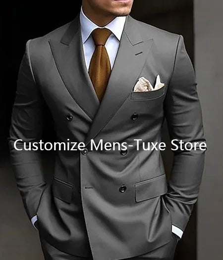 Premium brown men's bespoke double-breasted slim fit formal suit set by MANDOTOS INTERNATIONAL, tailored with sharp lapels and tailored fit.