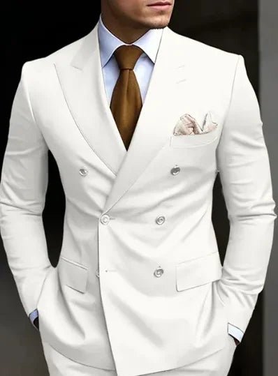 Premium brown men's bespoke double-breasted slim fit formal suit set by MANDOTOS INTERNATIONAL, tailored with sharp lapels and classic style.