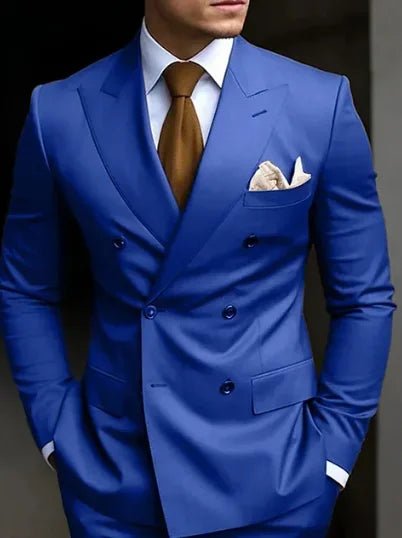 Premium brown men's bespoke double-breasted slim fit formal suit set by MANDOTOS INTERNATIONAL, displayed on a hanger.