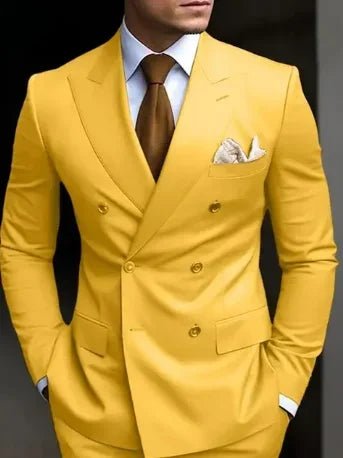 Premium brown men's bespoke double-breasted slim fit formal suit set by MANDOTOS INTERNATIONAL, shown on a hanger.