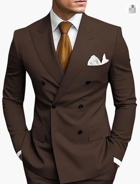 Premium brown men's bespoke double-breasted slim fit formal suit set by MANDOTOS INTERNATIONAL, shown on a mannequin.