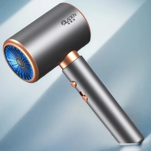 Mandotos International professional hair dryer with blue ion tech, compact design for home and travel use, black and silver finish.