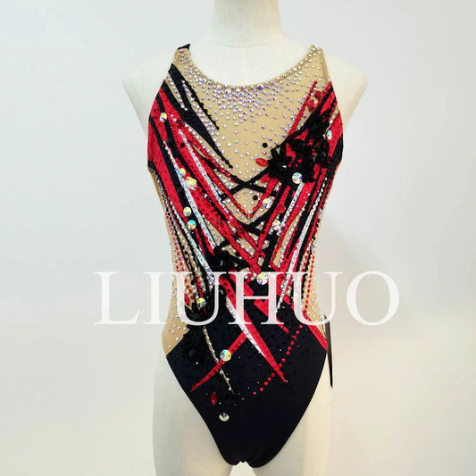 Red synchronized swimming team performance swimsuit by MANDOTOS INTERNATIONAL, featuring sleek design and vibrant color for aquatic routines.