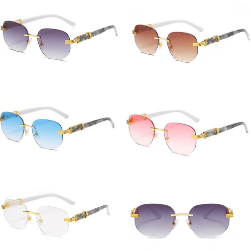 Retro square hip hop sunglasses with gold rimless frames, stylish unisex fashion eyewear by Mandotos International.