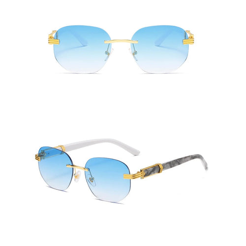 Retro square hip hop sunglasses with gold rimless frames, fashion accessory for men and women, by MANDOTOS INTERNATIONAL.