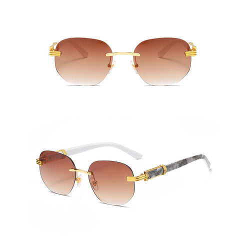 Retro square hip hop sunglasses with gold rimless design for men and women, fashionable MANDOTOS INTERNATIONAL shades.