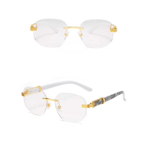 Retro square hip hop sunglasses with gold rimless design, unisex fashion shades by MANDOTOS INTERNATIONAL.