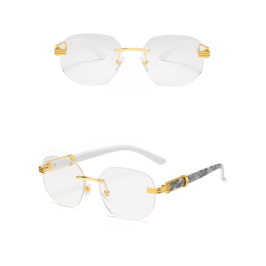 Retro square hip hop sunglasses with gold rimless design, unisex fashion shades by MANDOTOS INTERNATIONAL.