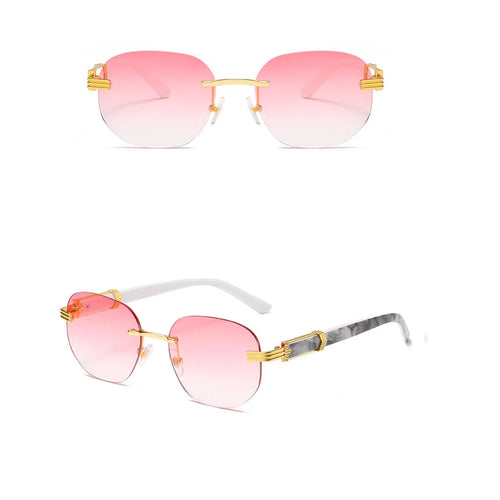 Retro square hip hop sunglasses by Mandotos International with gold rimless frames for men and women, stylish fashion accessory.