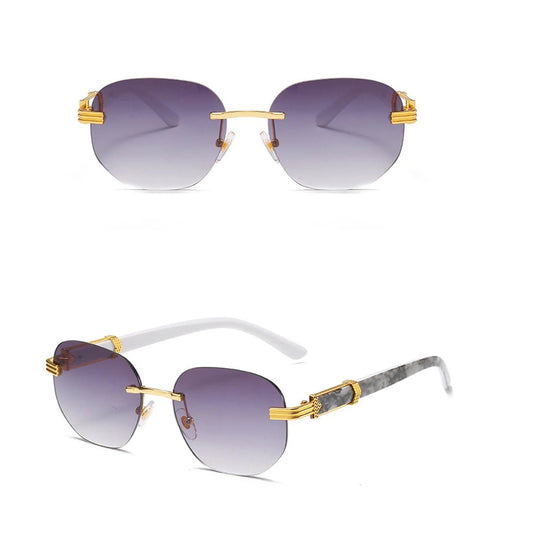 Retro square hip hop sunglasses with gold rimless frames, stylish unisex fashion shades by Mandotos International.