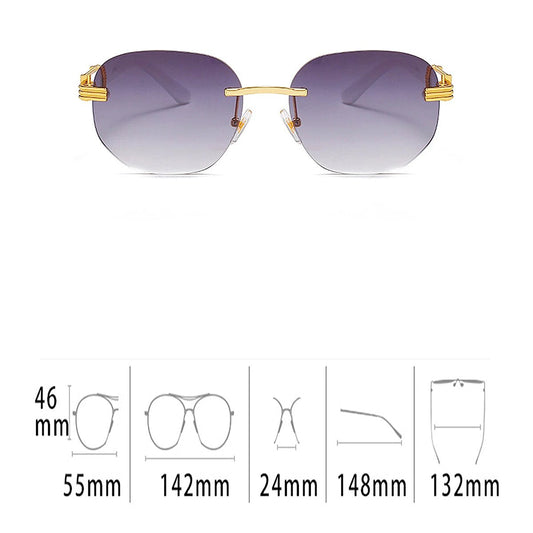 Retro square hip hop sunglasses with gold rimless frames, unisex fashion shades by MANDOTOS INTERNATIONAL.