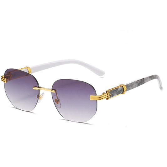 Retro square hip hop sunglasses with gold rimless frames, unisex fashion eyewear by MANDOTOS INTERNATIONAL.