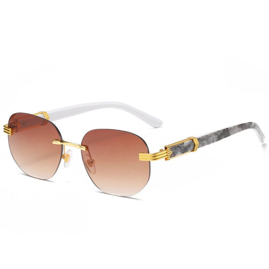 Retro square hip hop sunglasses with gold rimless frames for men and women, stylish fashion accessory by MANDOTOS INTERNATIONAL.