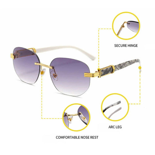 Retro square hip hop sunglasses with gold rimless frames, unisex fashion eyewear by Mandotos International.