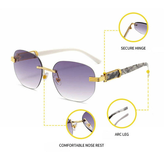 Retro square hip hop sunglasses with gold rimless frames, unisex fashion eyewear by Mandotos International.