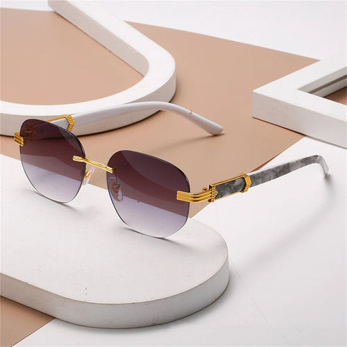 Retro square hip hop sunglasses with gold rimless frames, stylish unisex fashion sunglasses by Mandotos International.