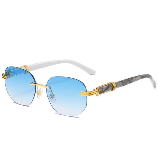 Retro square hip hop sunglasses with gold rimless frames, unisex fashion sunglasses by MANDOTOS INTERNATIONAL.